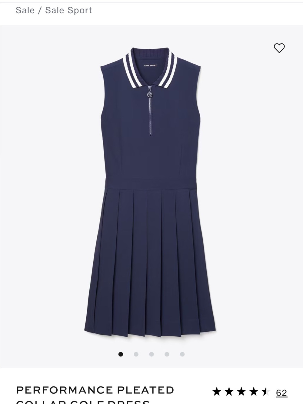Tory Sport Navy Sleeveless Polo Pleated Midi Dress with White-Trim Collar